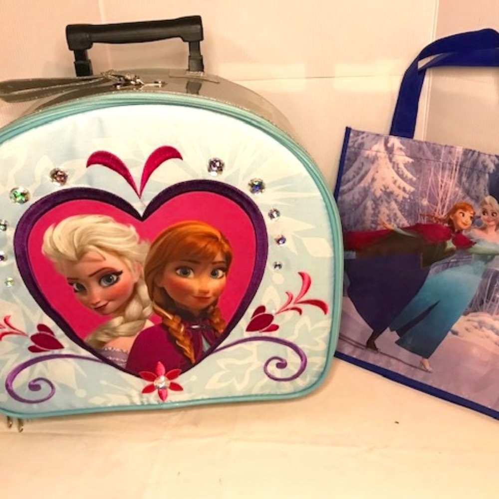 Disney Store Frozen Elsa Anna Rolling Luggage-Suitcase w/reusable tote gift bag